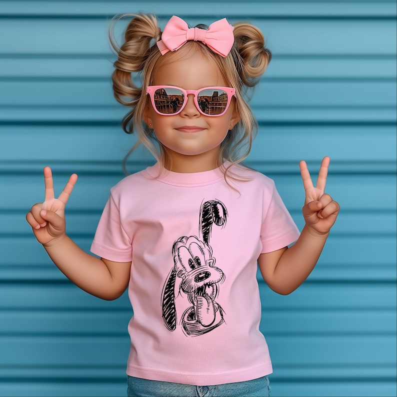 May include: A young child wearing a pink t-shirt featuring a black and white sketch of a cartoon dog. The child is also wearing pink sunglasses and a pink bow. The background is a blue wall.
