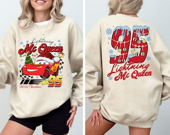 2-sided McQueen Merry Christmas Shirt, McQueen 95 Piston Cup Sweatshirt, Disney Cars Christmas T-Shirt, Christmas Matching Family Shirts