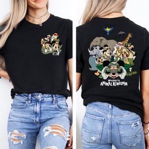 May include: Black t-shirt with a graphic print of Mickey Mouse and other Disney characters in front of a jungle scene. The back of the shirt has a larger graphic of Mickey Mouse with the text "Disney's Animal Kingdom".