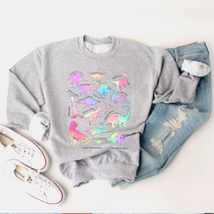 May include: A gray sweatshirt with a colorful dinosaur print. The dinosaurs are outlined in black and have rainbow-colored spots. The names of the dinosaurs are printed below each dinosaur. The names include:  "Chirosaurus", "Compsognathus", "Baryonyx", "Pachycephalosaurus", "Stegosaurus", "Triceratops", "Iguanodon", "Brachiosaurus", "Ankylosaurus", "Parasaurolophus", "Dilophosaurus", "Tyrannosaurus", "Spinosaurus".