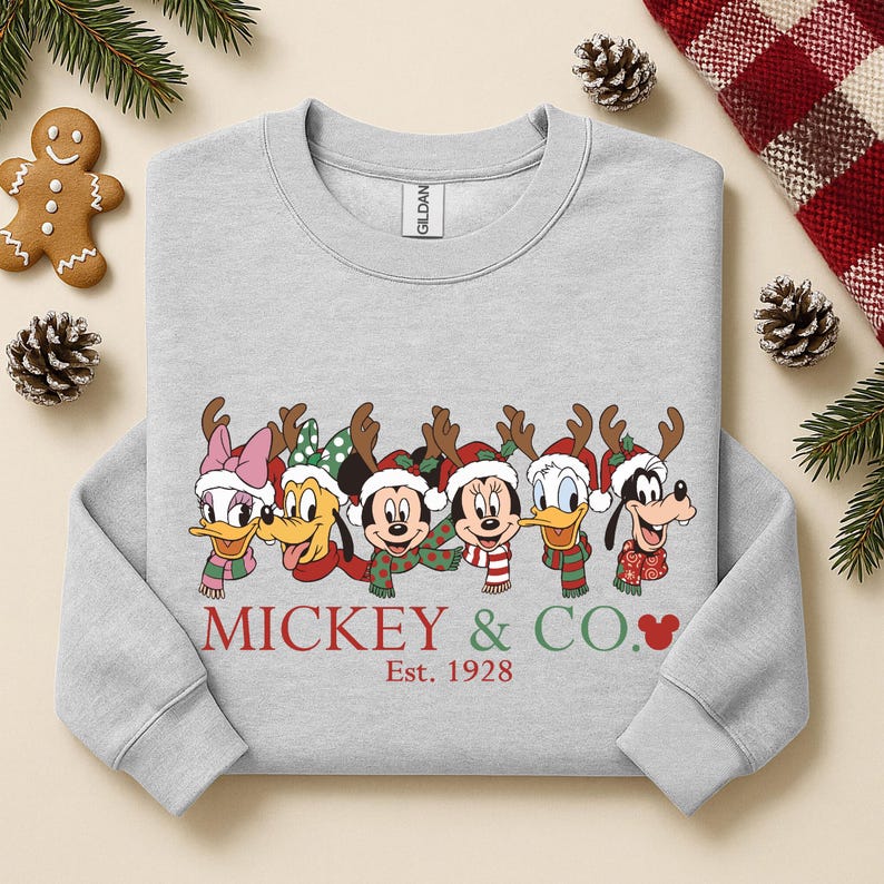 K&ouml;nnte beinhalten: Ein hellgraues Sweatshirt mit einem festlichen Design von Disney-Charakteren, die Rentiergeweihe und Weihnachtsschals tragen. Der Text "MICKEY & CO." und "Est. 1928" ist darunter aufgedruckt. Das Sweatshirt ist von Weihnachtsdekorationen umgeben.