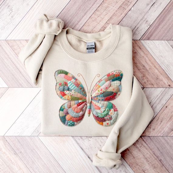 Patchwork Butterfly Sweatshirt, Butterfly Shirt, Retro Butterfly Tee, Trendy T-Shirt, Nature Lover Gift, Not Embroidery