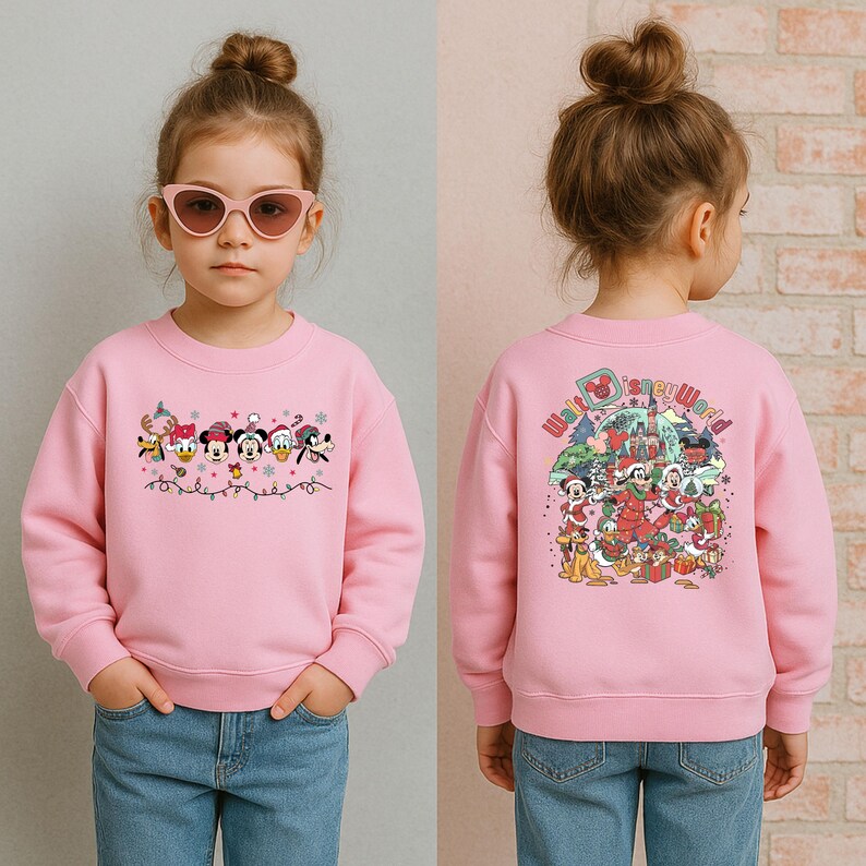Op de afbeelding: Een roze sweatshirt met Disney-figuren in een vakantiethema. De voorkant toont Mickey, Minnie, Donald, Daisy en Goofy met feestelijke versieringen. De achterkant toont een vakantiesc&egrave;ne met de tekst "Walt Disney World".
