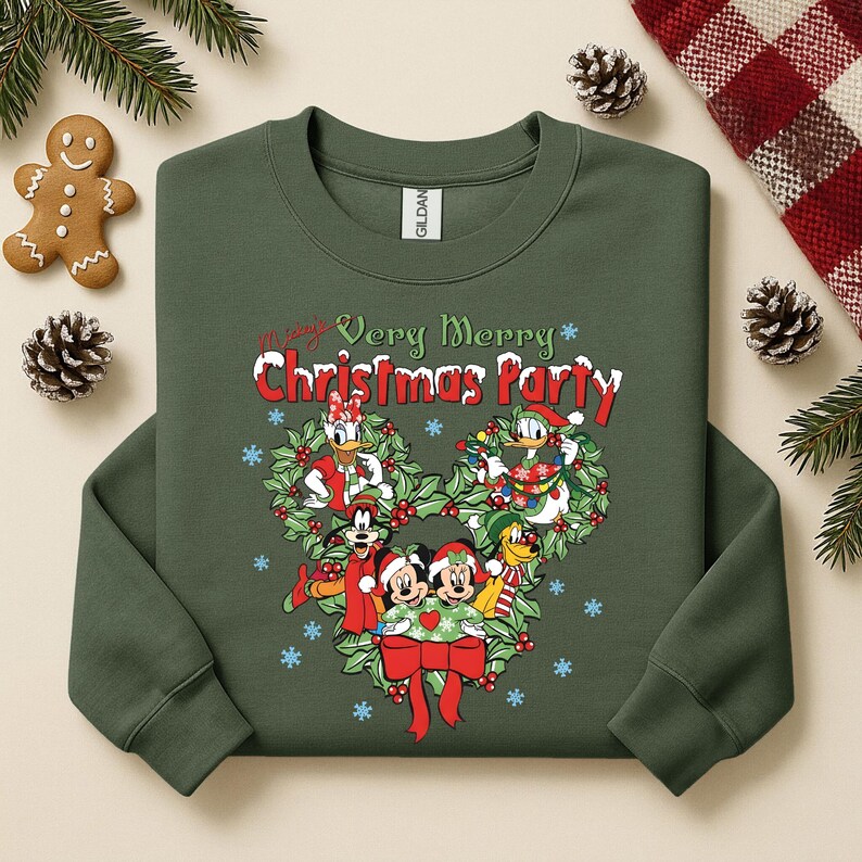 Op de afbeelding: Groene sweatshirt met een kerstontwerp met Disney-personages. De afbeelding bevat Mickey en Minnie Mouse, Donald en Daisy Duck en Goofy, met de tekst "Very Merry Christmas Party."