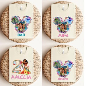 May include: Four cream-colored t-shirts with different designs. Each shirt features a floral Mickey Mouse head shape with a cartoon image. The shirts are labeled "DAD", "MOM", "AMELIA", and "SISTER" in various colors.
