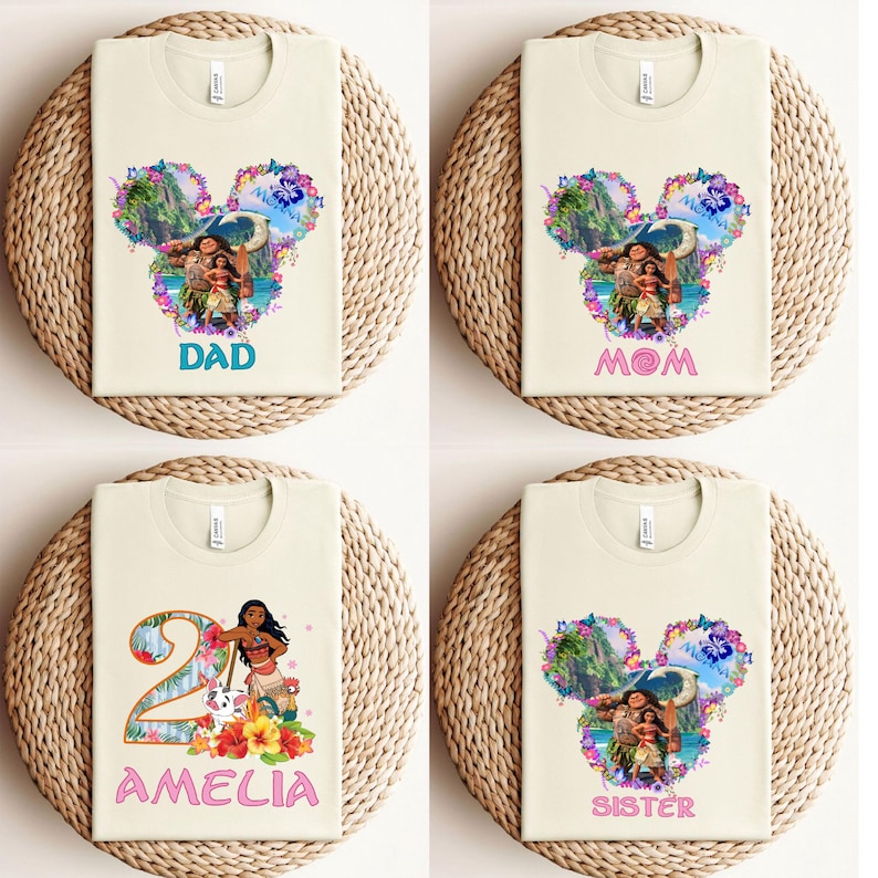 May include: Four cream-colored t-shirts with different designs. Each shirt features a floral Mickey Mouse head shape with a cartoon image. The shirts are labeled "DAD", "MOM", "AMELIA", and "SISTER" in various colors.