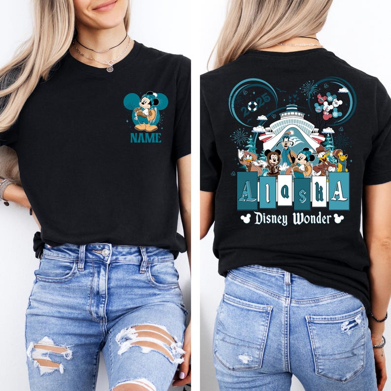 May include: Black t-shirt with a Mickey Mouse graphic on the front and a Disney Wonder cruise ship graphic on the back. The back graphic includes the text "Alaska" and "Disney Wonder".