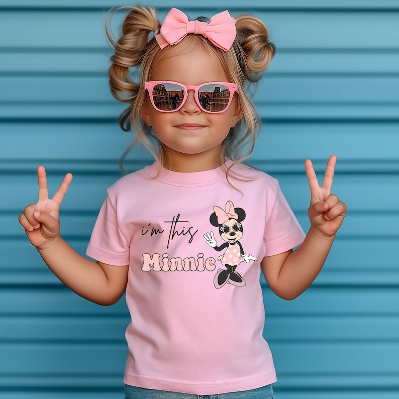 Puede incluir: Una camiseta rosa con un gr&aacute;fico de Minnie Mouse con gafas de sol y el texto "i'm this Minnie".