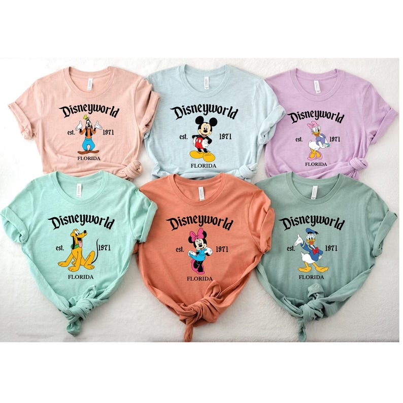 May include: Six short-sleeved t-shirts in pastel colors, each featuring a Disneyworld graphic with a different character: Goofy, Mickey Mouse, Daisy Duck, Pluto, Minnie Mouse, and Donald Duck. The shirts have the text "Disneyworld est. 1971 Florida."
