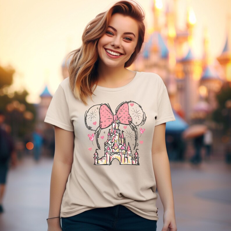 May include: A beige t-shirt with a pink bow and a cartoon drawing of a castle with fireworks. The castle is surrounded by hearts and balloons.