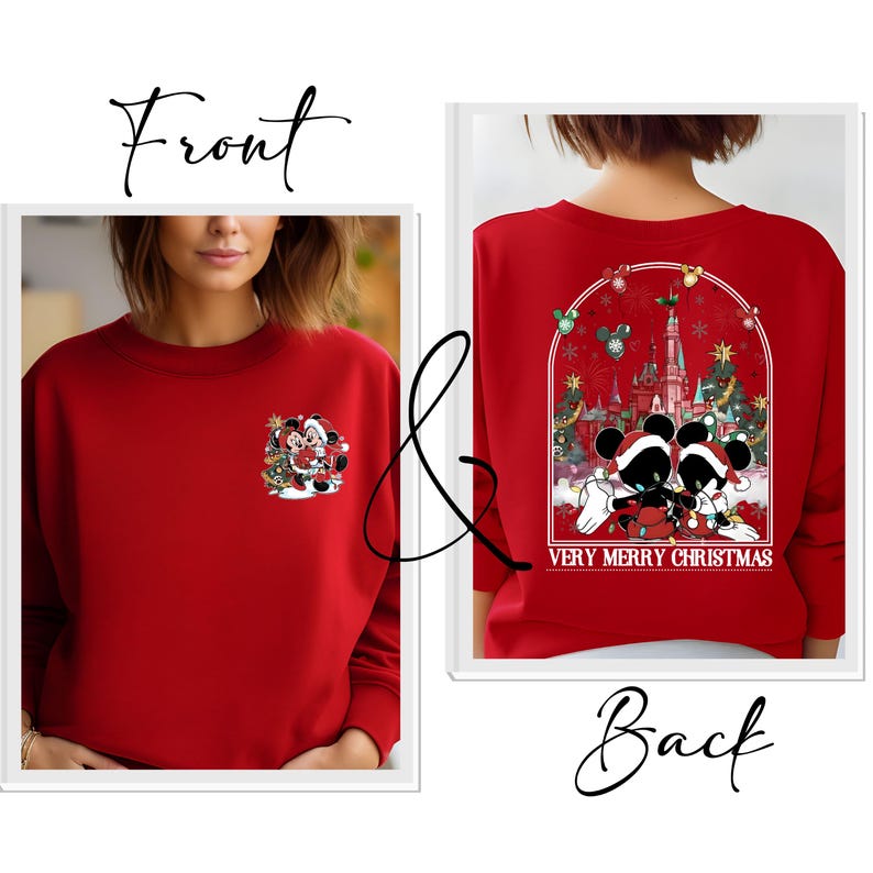 Two-Sided Mickey Minnie Christmas Shirt, Mickey's Very Merry Christmas Party Shirt, Disney Couple Christmas Sweater, Disneyland Castle Tee image 4