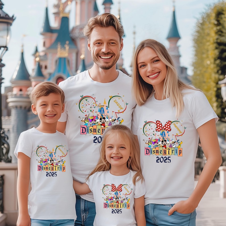 May include: A family of four wearing white t-shirts with a Disney Trip 2025 design. The shirts feature Mickey Mouse ears with a red bow on the women's shirt and a blue bow on the children's shirts. The shirts also feature a colorful illustration of Mickey Mouse and other Disney characters.