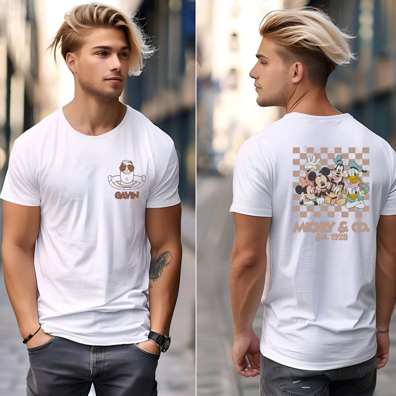 May include: White t-shirt with a brown graphic on the front of a person in a pool floatie and the name "GAVIN". The back of the shirt features a Mickey & Co. design with Mickey, Minnie, Donald, and Goofy. The text "Mickey & Co. Est. 1928" is also visible.