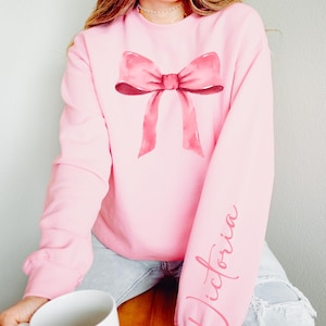 Custom Pink Bow Shirt, Custom Name Shirt, Custom Valentines Day Shirt, Pink Bow Custom Name Sweatshirt, Valentines Day Gift, Gift For Girls