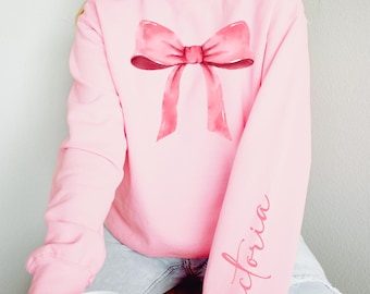 Custom Pink Bow Shirt, Custom Name Shirt, Custom Valentines Day Shirt, Pink Bow Custom Name Sweatshirt, Valentines Day Gift, Gift For Girls