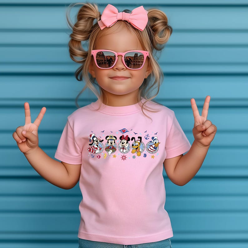 May include: A pink t-shirt featuring a graphic of Disney characters in nautical-themed circles. The child is wearing pink sunglasses and a pink bow. The background is a blue wall.
