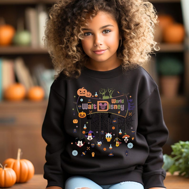 May include: Black sweatshirt with a Halloween-themed design featuring Mickey Mouse and other Disney characters. The design includes the text "World Walt Disney" and various Halloween icons like pumpkins, bats, and ghosts.