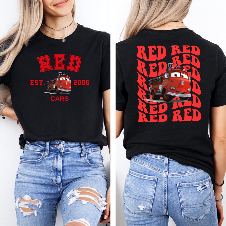 May include: Black t-shirt with a red graphic of a fire truck and the text "RED EST. 2006 CARS" on the front. The back of the shirt has the word "RED" repeated multiple times in a red, retro font.