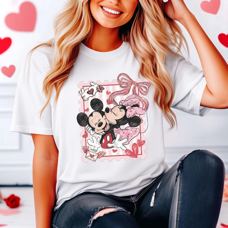 May include: White t-shirt featuring a graphic of Mickey and Minnie Mouse embracing, surrounded by hearts and a pink frame. Minnie wears a pink dress and bow. Mickey wears red shorts. The design has a Valentine's Day theme.