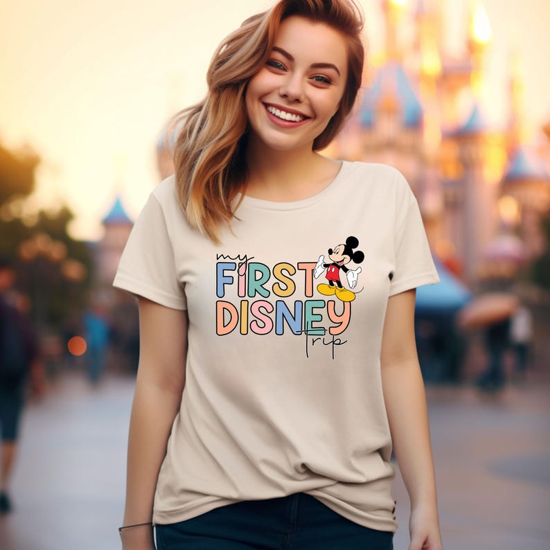 May include: A beige t-shirt with a colorful graphic that says "my first disney trip" and features Mickey Mouse.