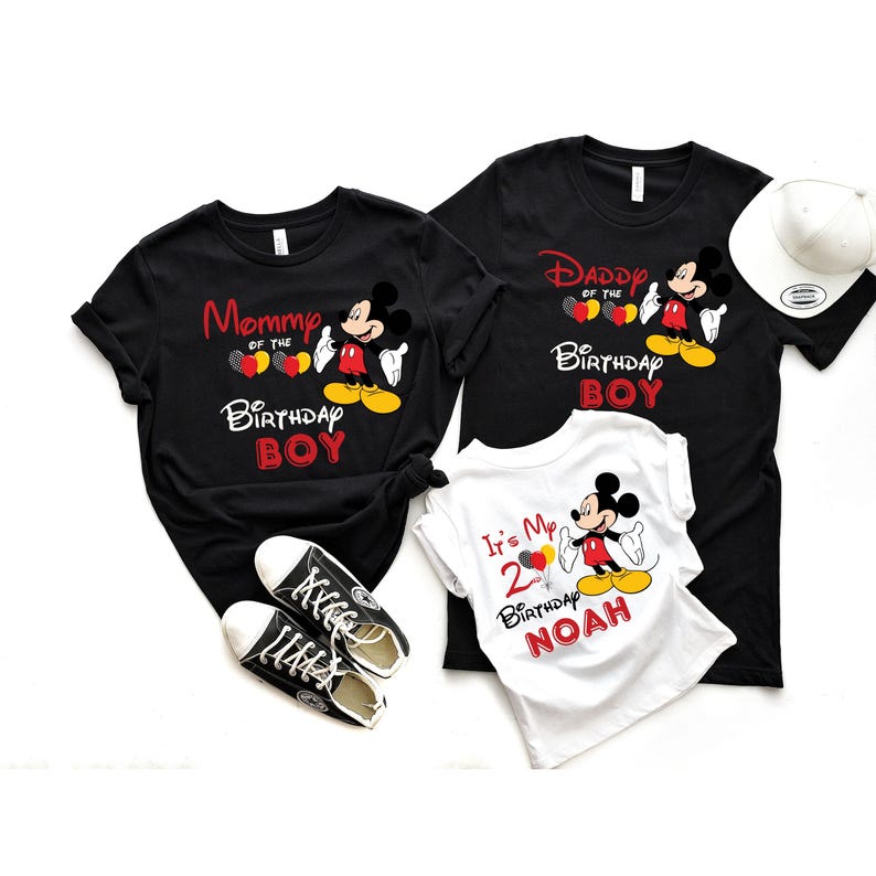 May include: Three black t-shirts with a Mickey Mouse design. The shirts say "Mommy of the Birthday Boy", "Daddy of the Birthday Boy", and "It's My 2nd Birthday Noah".