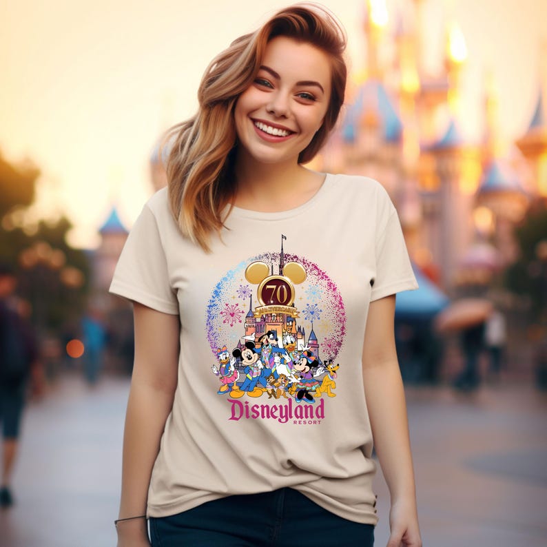 May include: A beige t-shirt with a colorful graphic of Mickey Mouse and friends celebrating Disneyland's 70th anniversary. The graphic features the Disneyland castle, fireworks, and the text "Disneyland Resort".