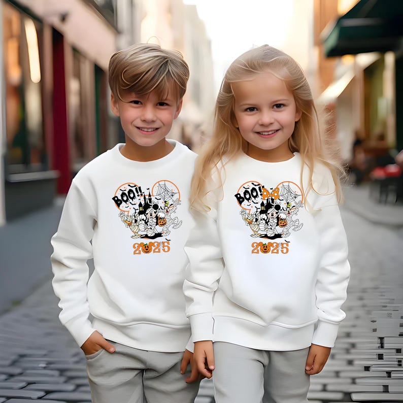 May include: Two children in white sweatshirts, each featuring a Halloween design. The design includes the word "BOO!" and the year "2025" in orange, alongside cartoon characters, a spider web, and a pumpkin.