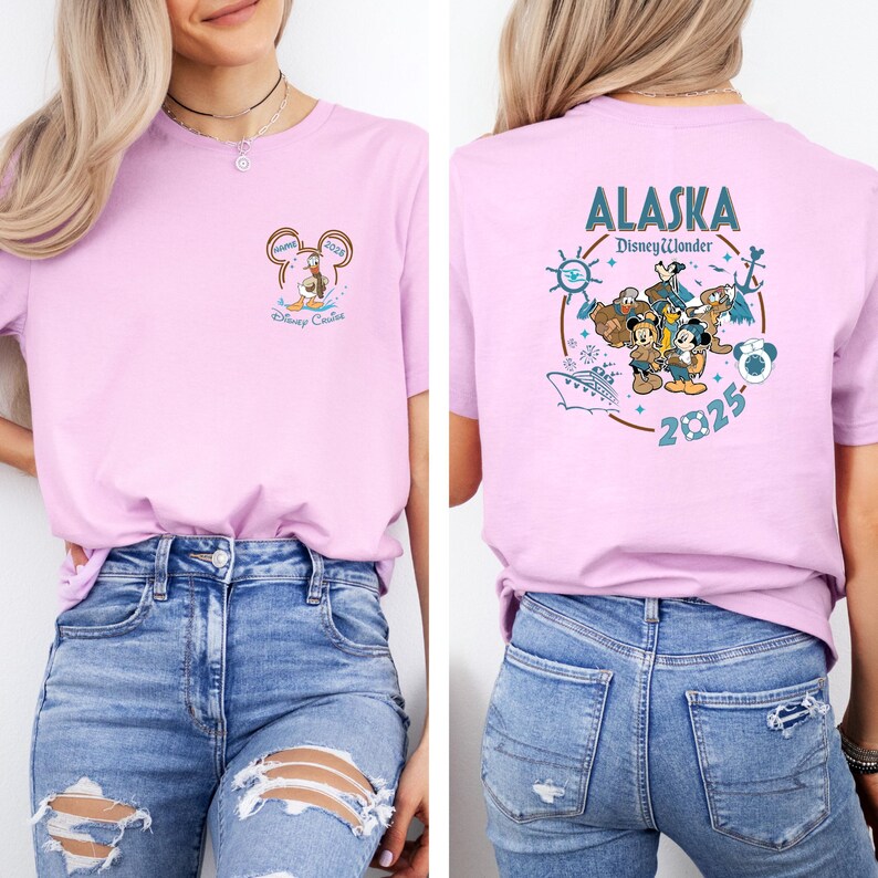 May include: A light pink t-shirt featuring a Mickey Mouse design with the text "Happy 2025 Disney Cruise" on the front. The back of the shirt has the text "Alaska Disney Wonder 2025" with Disney characters and nautical elements.