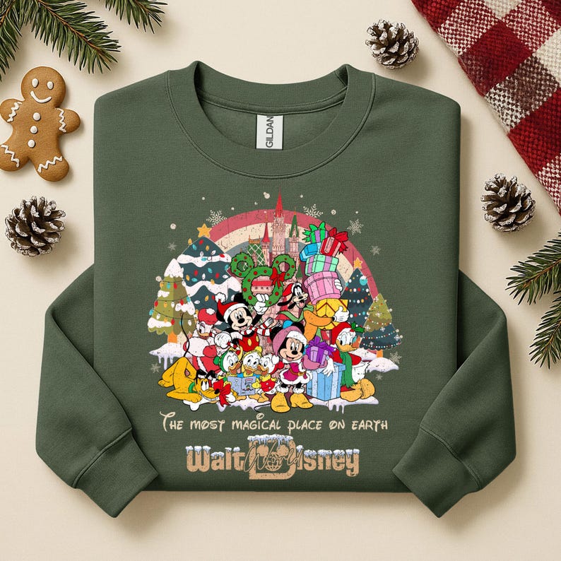 Op de afbeelding: Donkergroene sweatshirt met een afbeelding van Disney-personages, kerstbomen en een regenboog. De tekst luidt "The most magical place on earth" en "Walt Disney". Een feestelijk sweatshirt met een vakantiethema.