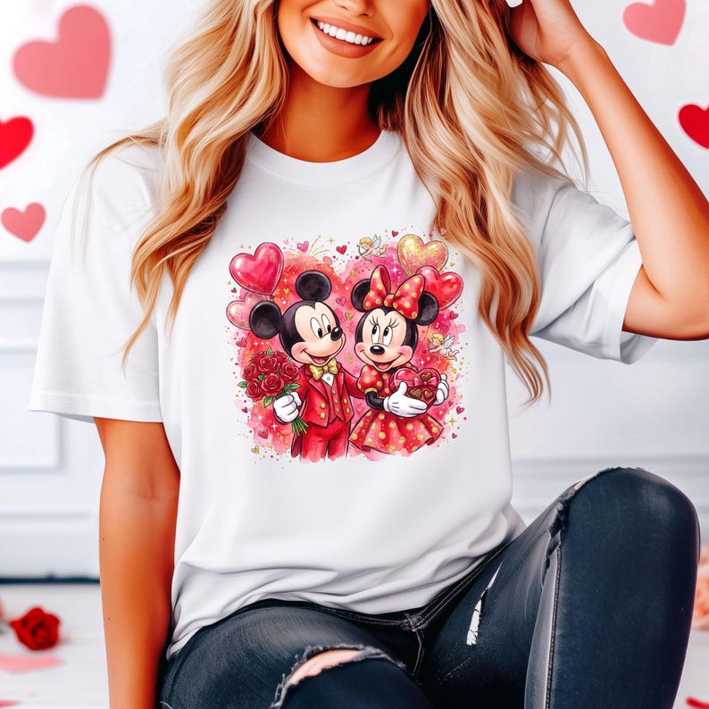 May include: White t-shirt featuring a colorful illustration of Mickey and Minnie Mouse. Mickey is holding roses and Minnie holds a heart-shaped box. Both are dressed in red outfits, surrounded by heart-shaped balloons and confetti.