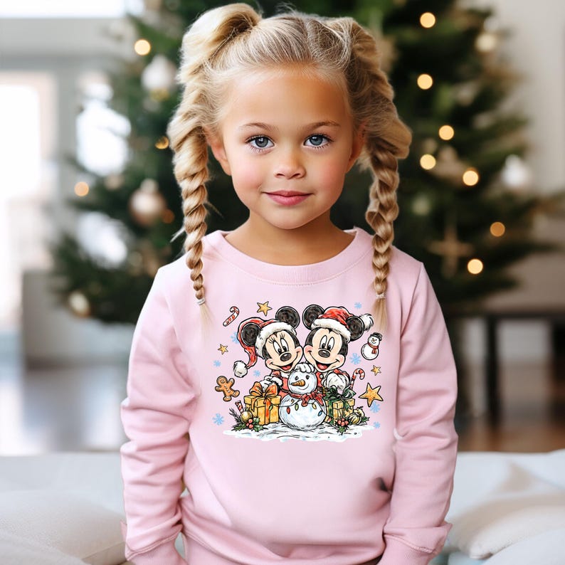 May include: A light pink sweatshirt featuring a festive graphic of Mickey and Minnie Mouse in Santa hats, with a snowman, gifts, and candy canes. The design is set against a snowy backdrop, perfect for the holiday season.