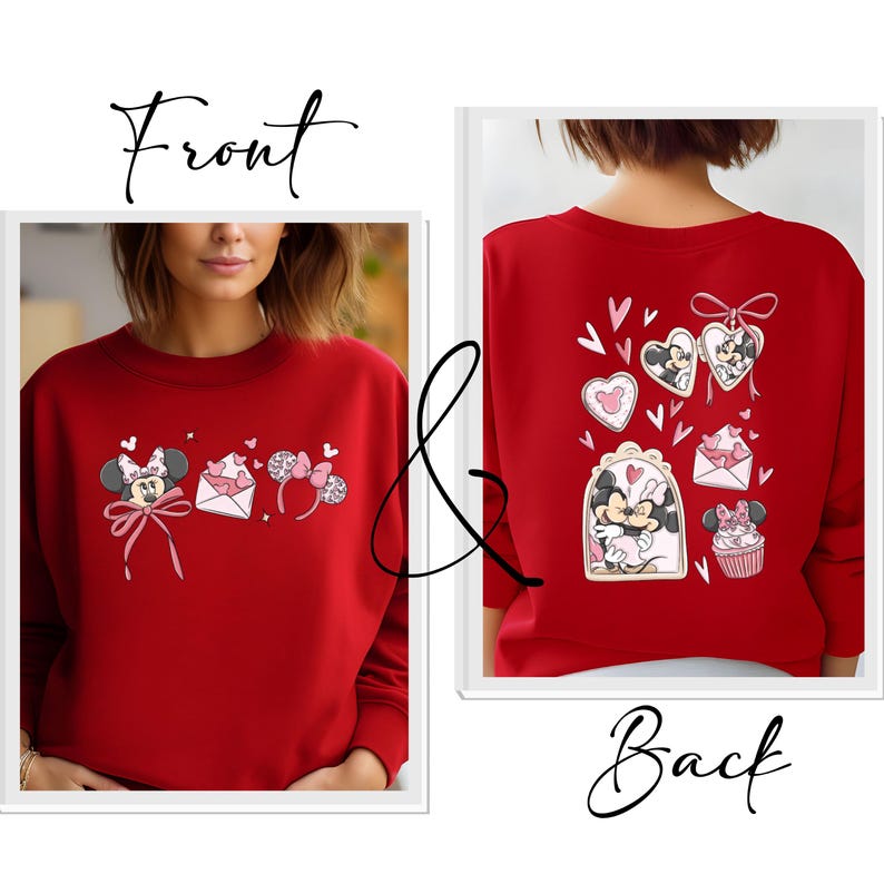 May include: Red sweatshirt featuring Minnie Mouse and Valentine's Day themed graphics. The front displays Minnie with a bow, an envelope, and mouse ear headbands. The back shows Minnie Mouse with hearts and a cupcake.