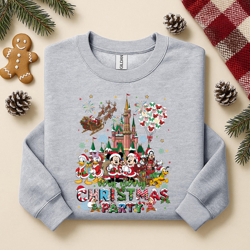 May include: A light gray sweatshirt featuring a colorful graphic of Disney characters in Christmas attire in front of a castle. The text "Very Merry Christmas Party" is displayed below the characters. Festive holiday apparel.