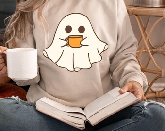 Cute Ghost Coffee Sweatshirt, Fall Coffee Lover Sweatshirt, Halloween Ghost Sweatshirt, Halloween Gift, Halloween Drinking Shirt, Boo Shirt