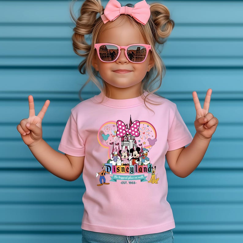 May include: A pink t-shirt with a graphic of Mickey Mouse and friends in front of the Disneyland castle. The text on the shirt reads "Disneyland! The happiest place on earth - Est. 1955".