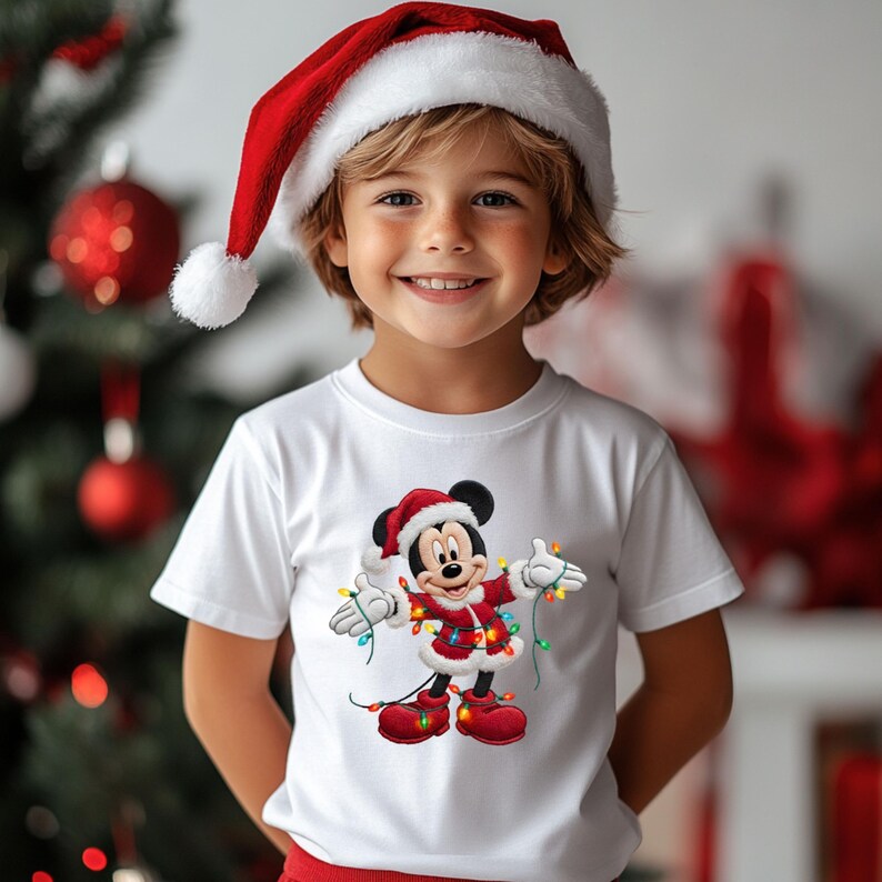 May include: A child wearing a white t-shirt with a Christmas-themed Mickey Mouse design, complete with a Santa hat. The design shows Mickey in a Santa suit and Christmas lights. The child is also wearing a red Santa hat.