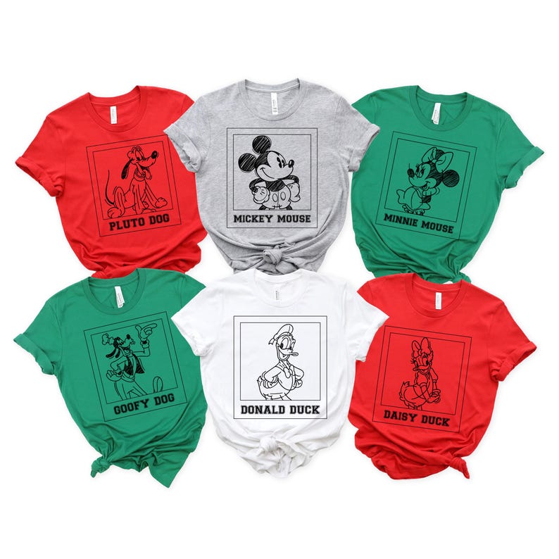 May include: Six short-sleeved t-shirts in red, gray, white, and green. Each shirt features a black and white cartoon character design inside a square frame. Characters include Pluto, Mickey Mouse, Minnie Mouse, Goofy, Donald Duck, and Daisy Duck.