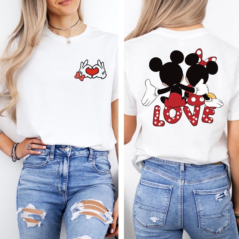 May include: White t-shirt with a red heart and Mickey Mouse hand gestures on the front and Mickey and Minnie Mouse holding hands with the word "LOVE" on the back.