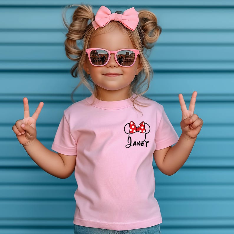 May include: A young child wearing a pink t-shirt with a Minnie Mouse design and the name "Janet" in black script. The child is also wearing pink sunglasses and a pink bow. The background is a blue wall.