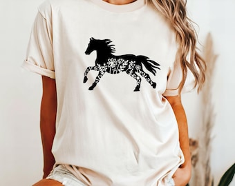 Floral Horse Shirt, Gift For Horse Lovers, Horse Lover Shirt, Girls Horse T-Shirt, Animal Lover Shirt,  Running Horse Shirt, Cowgirl T-Shirt