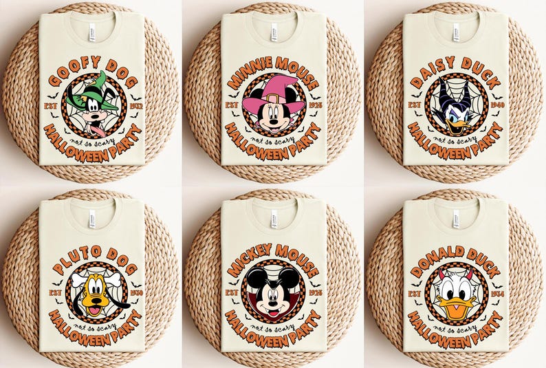 May include: Six different t-shirts featuring various Disney characters in a Halloween theme. Each shirt has a circular design with the character's name, "Halloween Party", and "not so scary" text. The characters include Goofy, Minnie Mouse, Daisy Duck, Pluto, Mickey Mouse, and Donald Duck.