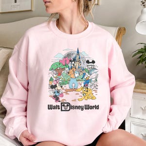 May include: Pink sweatshirt with a graphic print of Mickey Mouse and other Disney characters in front of Cinderella's Castle. The text "Walt Disney World" is printed below the graphic.