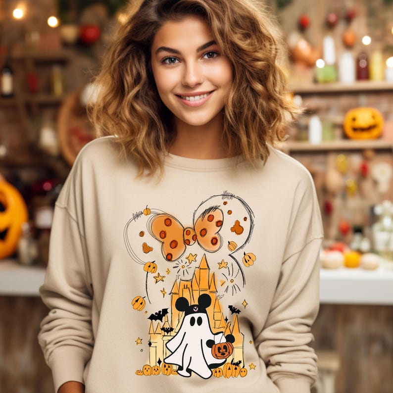 May include: A beige sweatshirt with a Halloween-themed graphic featuring a ghost wearing Mickey Mouse ears, a pumpkin, and a castle. The graphic also includes a large orange and brown bow with white polka dots.