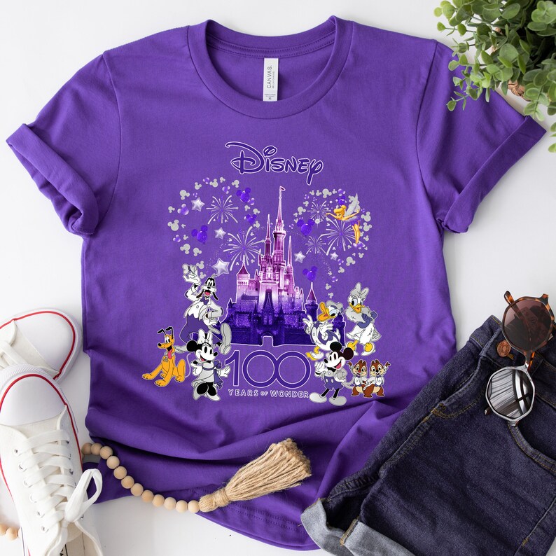 May include: Purple t-shirt with a graphic of Mickey Mouse and other Disney characters in front of Cinderella's Castle. The text "Disney 100 Years of Wonder" is printed below the graphic.