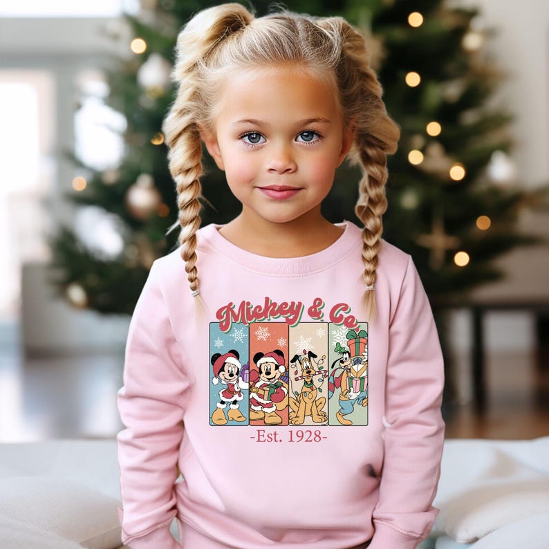 May include: A light pink sweatshirt featuring Mickey & Co. characters in Christmas attire. The design includes Mickey Mouse, Minnie Mouse, Pluto, and Goofy. The text "Mickey & Co. -Est. 1928-" is printed on the front.