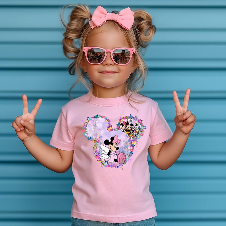 May include: A pink t-shirt with a floral design featuring a cartoon image of Minnie Mouse with wings and other Disney characters. The shirt has short sleeves and a crew neck.