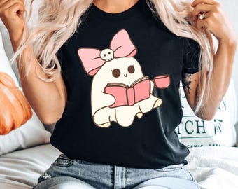 Pink Ghost Shirt, Cute Pink Reading Ghost Shirt, Halloween Boo Shirt, Ghost With Coffee Shirt, Book Lover Gift, Halloween Ghost Sweatshirt