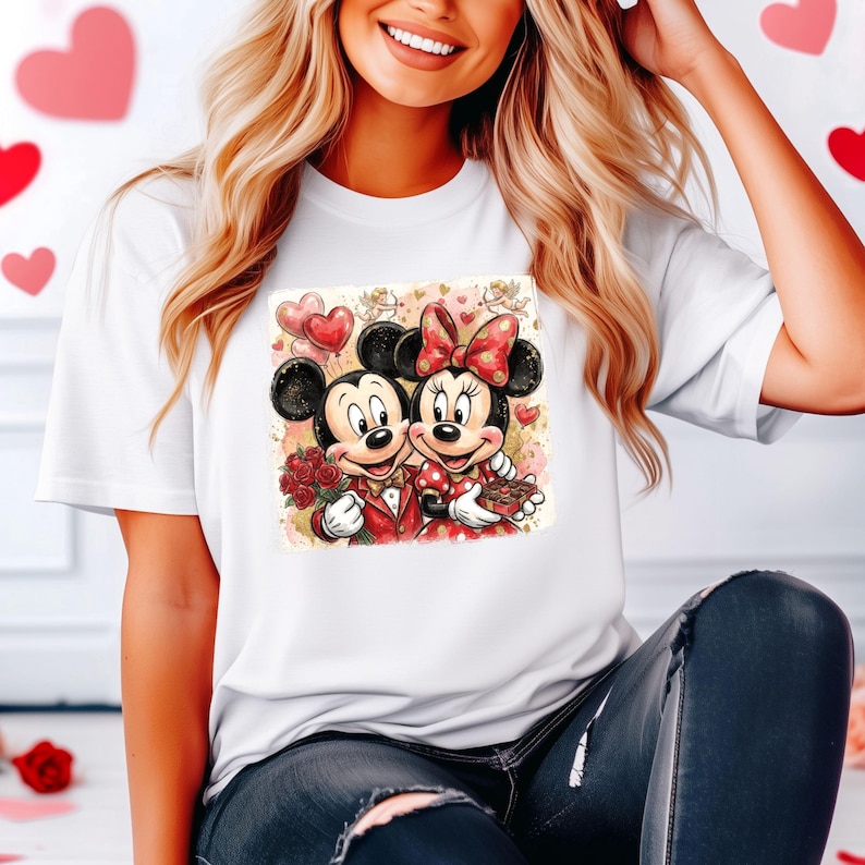 May include: White t-shirt featuring a colorful graphic of Mickey and Minnie Mouse in Valentine's Day attire. Mickey holds roses, and Minnie holds chocolates. Both are smiling and surrounded by hearts and balloons.