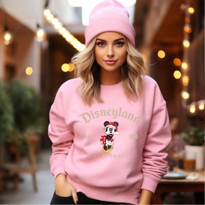 May include: Pink sweatshirt with a gold Disneyland logo and a cartoon Mickey Mouse wearing a Santa hat. The text on the sweatshirt reads "Disneyland est. 1955 California".