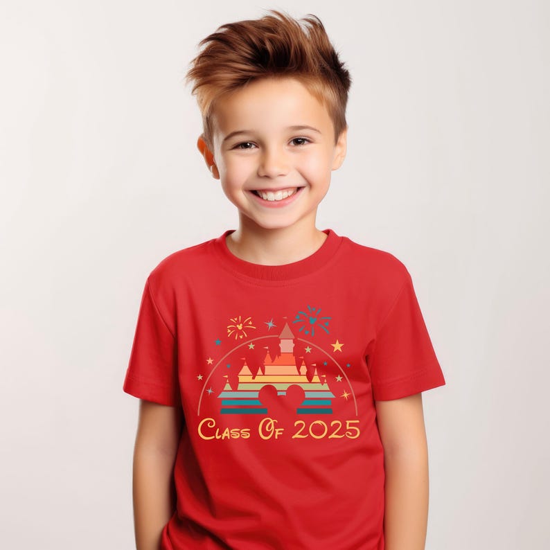 May include: A red t-shirt with a retro-style graphic of a castle with fireworks and the text "Class of 2025".